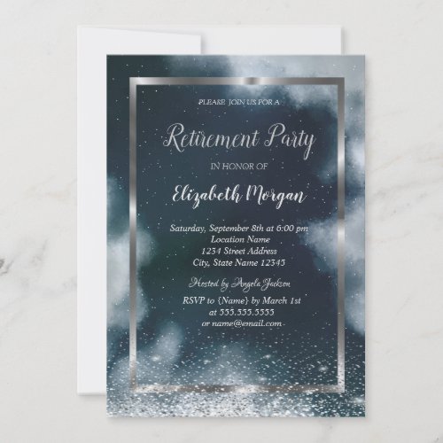 Elegant Silver Frame Confetti Night Sky Retirement Invitation