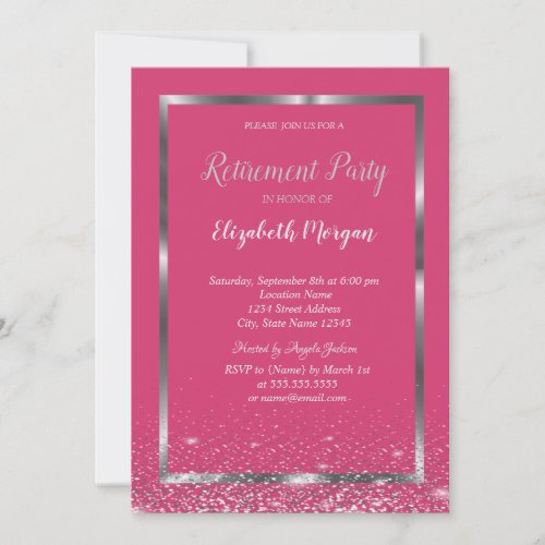 Elegant Silver Frame Confetti Pink Retirement Invitation