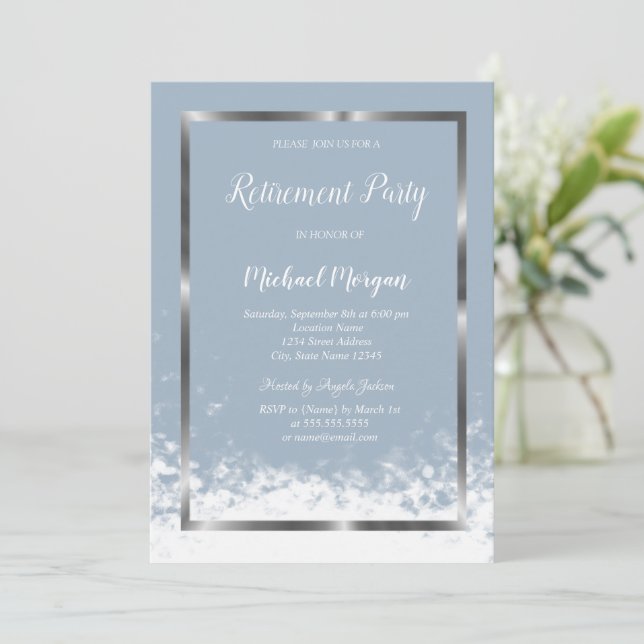 Elegant Silver Frame Dusty Blue Retirement  Invitation (Standing Front)