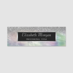Elegant Silver Frame, Glitter Ombre Holographic Name Tag
