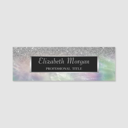 Elegant Silver  Frame Glitter Ombre Holographic  Name Tag