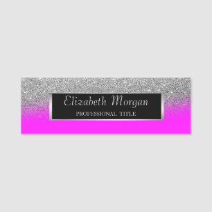 Elegant Silver Frame, Glitter Pink Fluorescent Name Tag