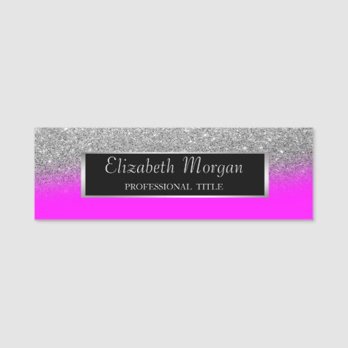 Elegant Silver  Frame Glitter Pink Fluorescent Name Tag