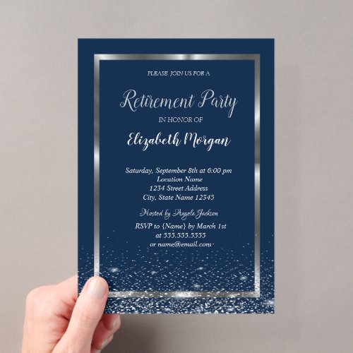 Elegant Silver Frame Navy Confetti Retirement Acrylic Invitations