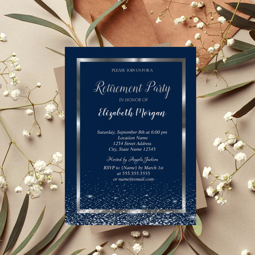 Elegant Silver Frame Navy Confetti Retirement Invitation (Creator Uploaded)