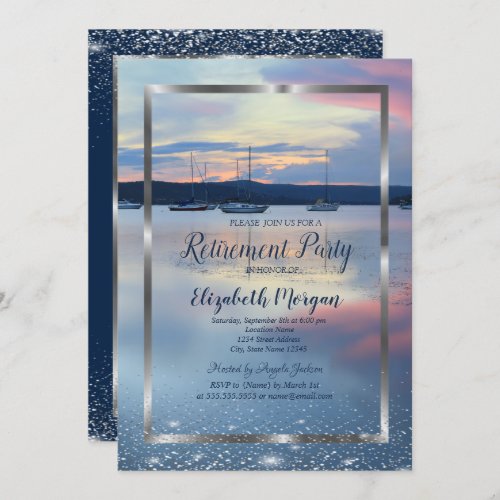 Elegant Silver Frame Navy Yacht Sunset Retirement Invitation