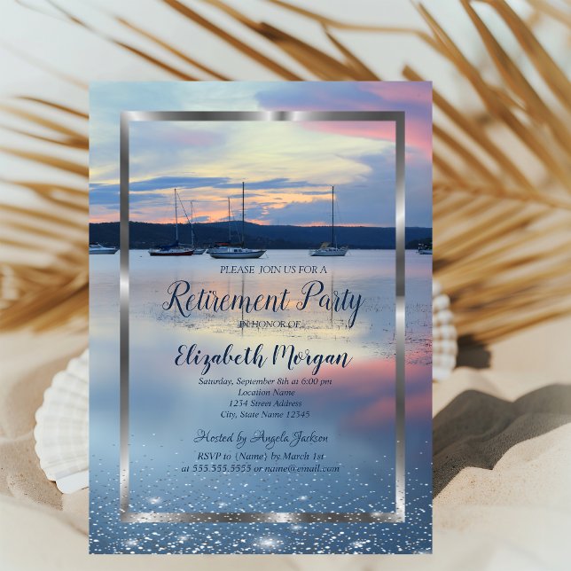 Elegant Silver Frame Navy Yacht Sunset Retirement Invitation (Creator Uploaded)