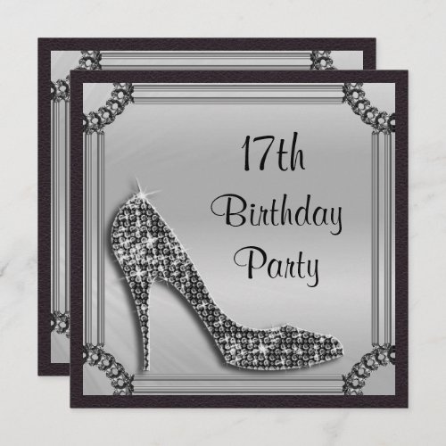 Elegant Silver Framed Black Stiletto 17th Birthday Invitation