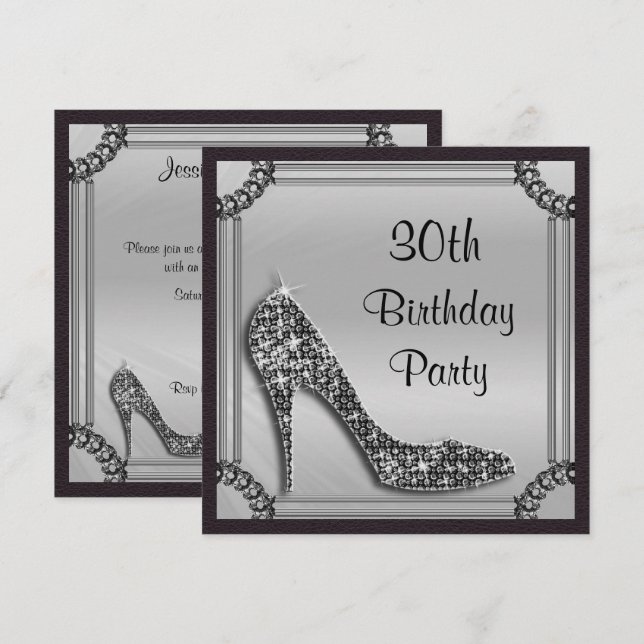 Elegant Silver Framed Black Stiletto 30th Birthday Invitation (Front/Back)