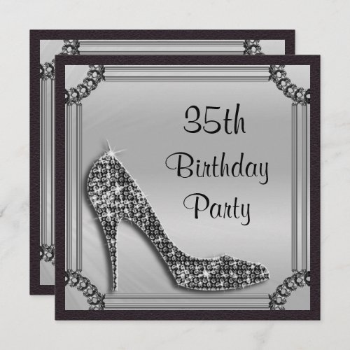 Elegant Silver Framed Black Stiletto 35th Birthday Invitation