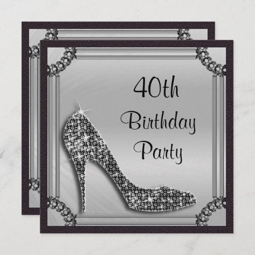 Elegant Silver Framed Black Stiletto 40th Birthday Invitation