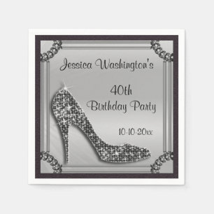 Elegant Silver Framed Black Stiletto 40th Birthday Paper Napkins
