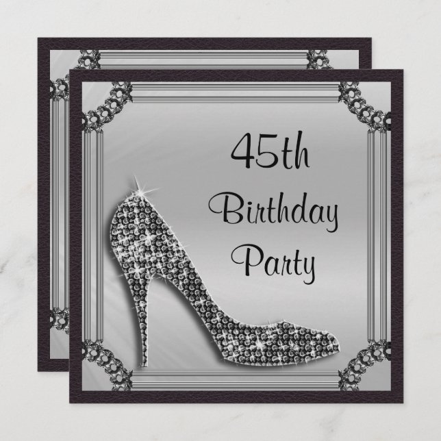 Elegant Silver Framed Black Stiletto 45th Birthday Invitation (Front/Back)