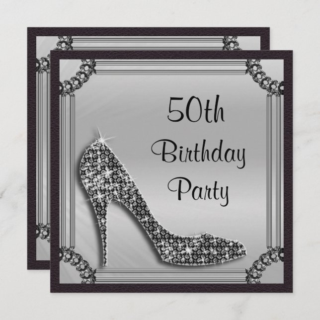 Elegant Silver Framed Black Stiletto 50th Birthday Invitation (Front/Back)