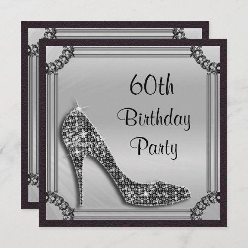 Elegant Silver Framed Black Stiletto 60th Birthday Invitation