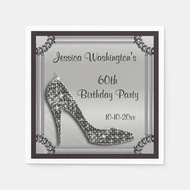 Elegant Silver Framed Black Stiletto 60th Birthday Paper Napkins (Front)