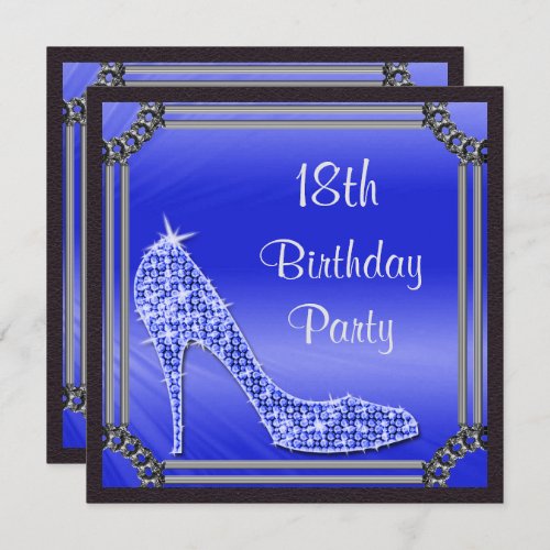 Elegant Silver Framed Blue Stiletto 18th Birthday Invitation