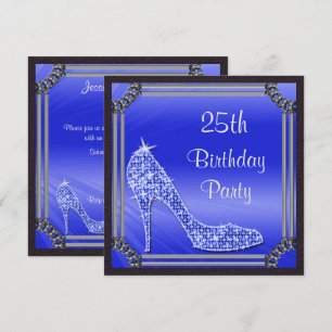 Elegant Silver Framed Blue Stiletto 25th Birthday Invitation