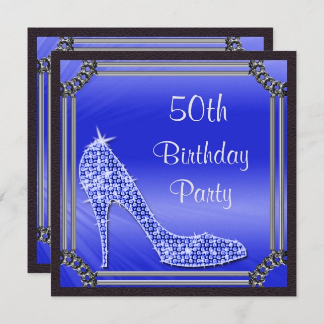 Elegant Silver Framed Blue Stiletto 50th Birthday Invitation (Front/Back)