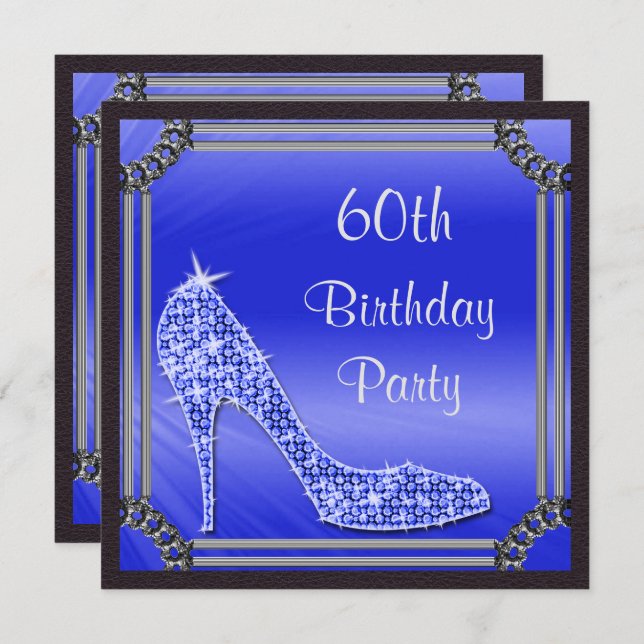Elegant Silver Framed Blue Stiletto 60th Birthday Invitation (Front/Back)