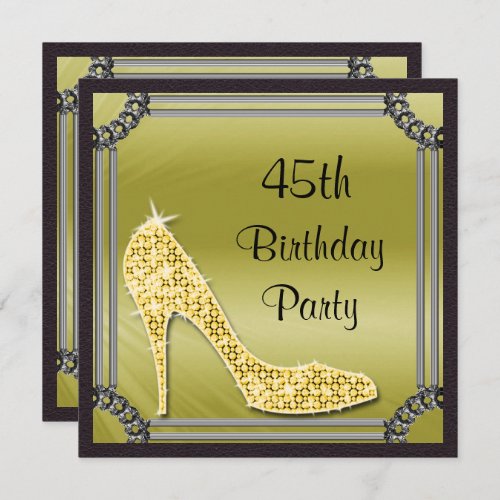 Elegant Silver Framed Gold Stiletto 45th Birthday Invitation