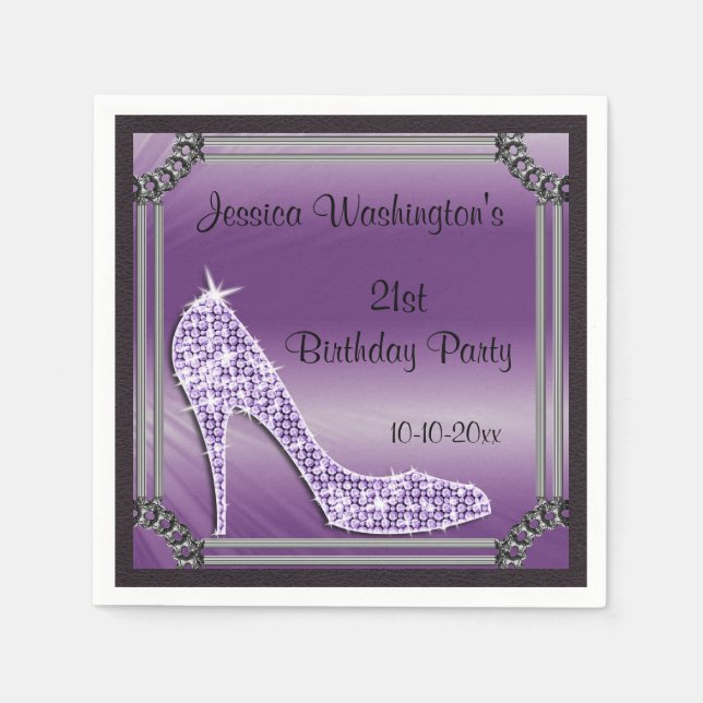 Elegant Silver Framed Lilac Stiletto 21st Birthday Napkins (Front)