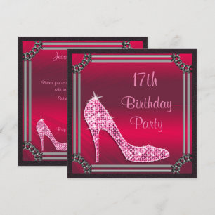 Elegant Silver Framed Pink Stiletto 17th Birthday Invitation