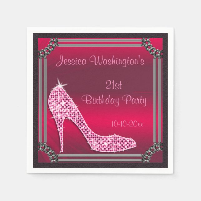 Elegant Silver Framed Pink Stiletto 21st Birthday Paper Napkins (Front)