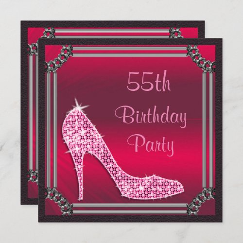 Elegant Silver Framed Pink Stiletto 55th Birthday Invitation
