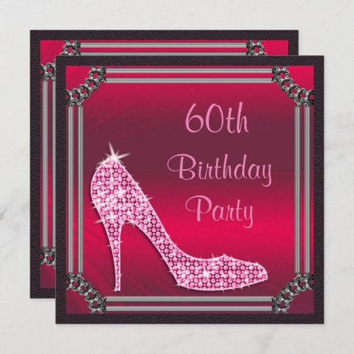 Elegant Silver Framed Pink Stiletto 60th Birthday Invitation