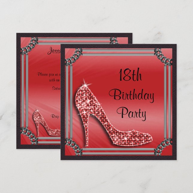 Elegant Silver Framed Red Stiletto 18th Birthday Invitation (Front/Back)
