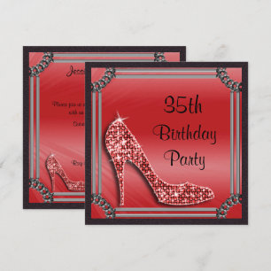 Elegant Silver Framed Red Stiletto 35th Birthday Invitation