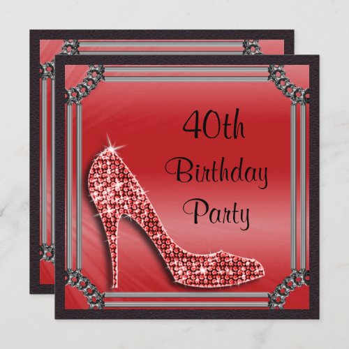 Elegant Silver Framed Red Stiletto 40th Birthday Invitation