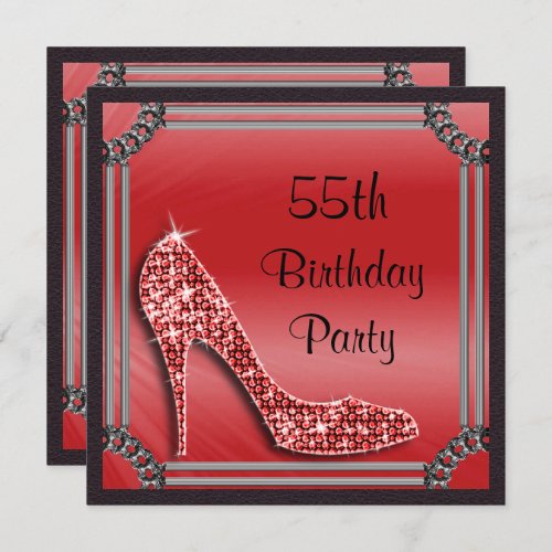 Elegant Silver Framed Red Stiletto 55th Birthday Invitation