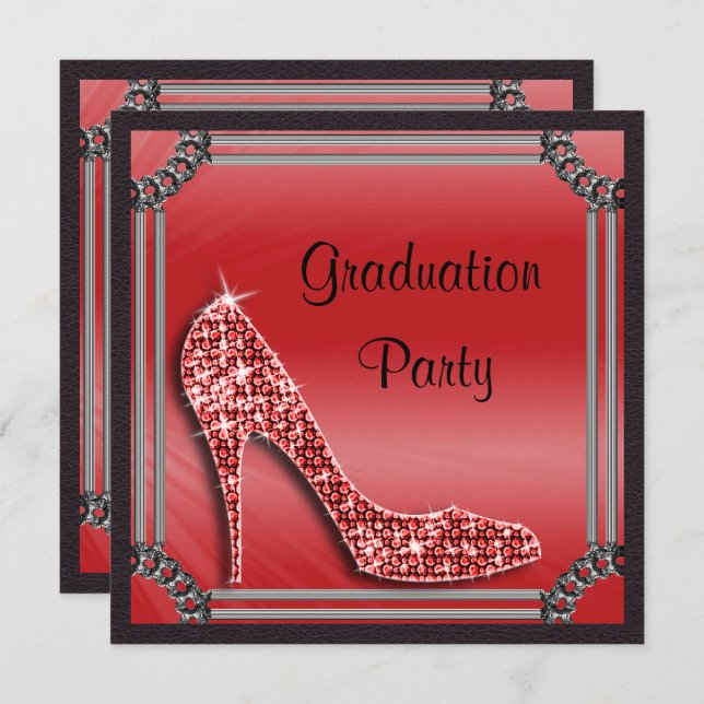 Elegant Silver Framed Red Stiletto Graduation Invitation (Front/Back)