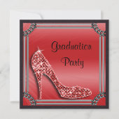 Elegant Silver Framed Red Stiletto Graduation Invitation (Front)