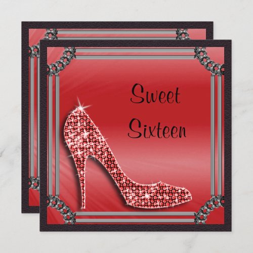 Elegant Silver Framed Red Stiletto Sweet 16 Invitation