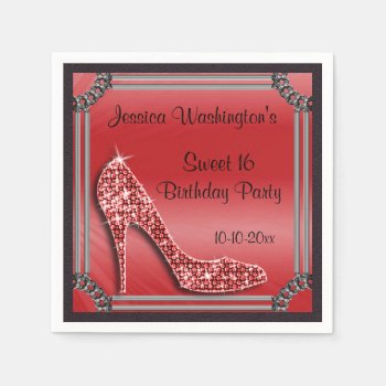 Elegant Silver Framed Red Stiletto Sweet 16 Napkins by Sarah_Designs at Zazzle