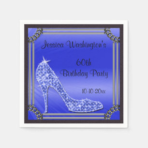 Elegant Silver Framed Stiletto Blue 60th Birthday Paper Napkins