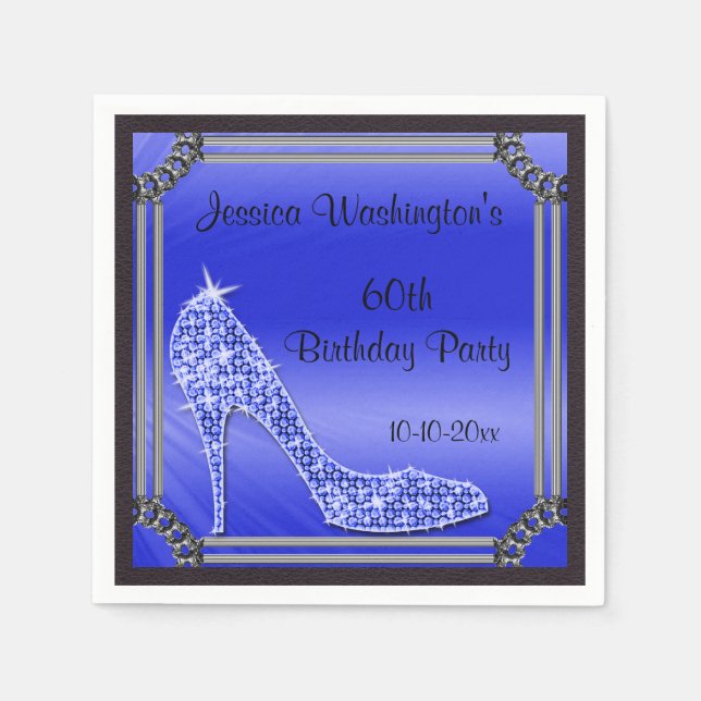 Elegant Silver Framed Stiletto Blue 60th Birthday Paper Napkins (Front)
