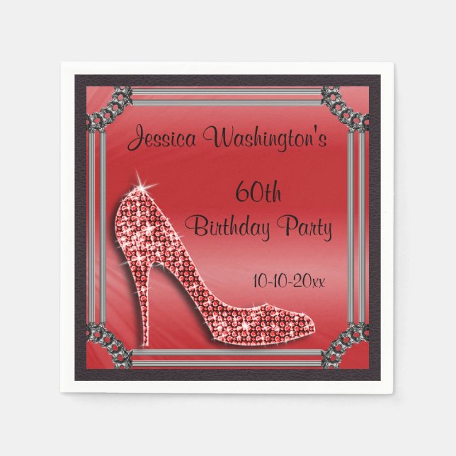 Elegant Silver Framed Stiletto Red 60th Birthday Napkins (Front)