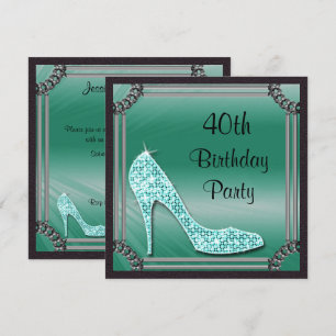 Elegant Silver Framed Teal Stiletto 40th Birthday Invitation