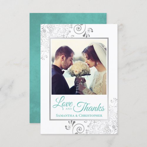 Elegant Silver Frills  Aqua Love  Thanks Wedding Thank You Card