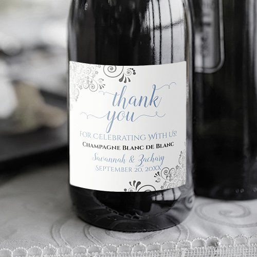Elegant Silver Frills Blue White Wedding Thank You Sparkling Wine Label