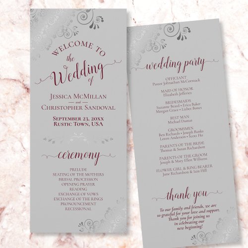 Elegant Silver Frills Burgundy on Gray Wedding Program