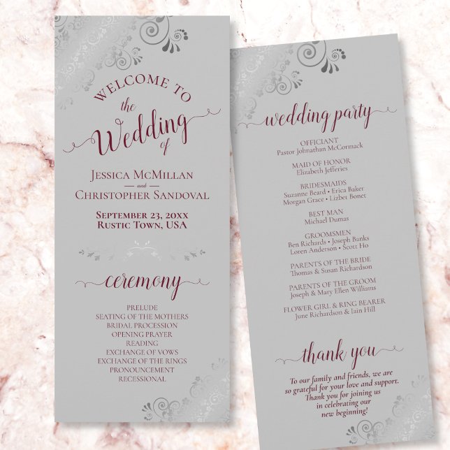 Elegant Silver Frills Burgundy on Gray Wedding Program (Creator Uploaded)