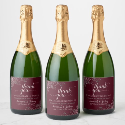 Elegant Silver Frills Burgundy Wedding Thank You Sparkling Wine Label