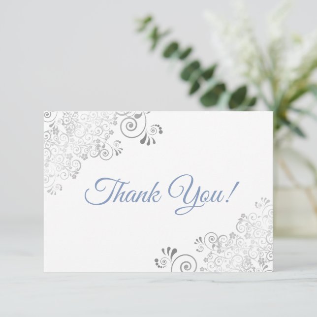 Elegant Silver Frills Dusty Blue on White Wedding Thank You Card (Standing Front)