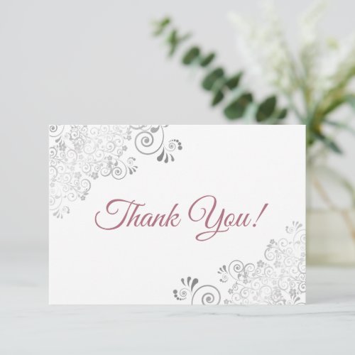 Elegant Silver Frills Dusty Rose on White Wedding Thank You Card