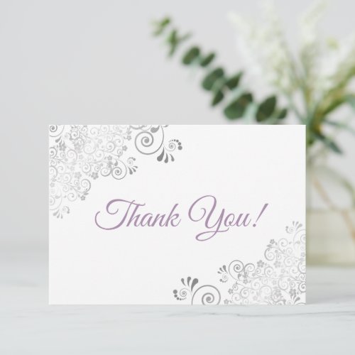 Elegant Silver Frills Lavender on White Wedding Thank You Card